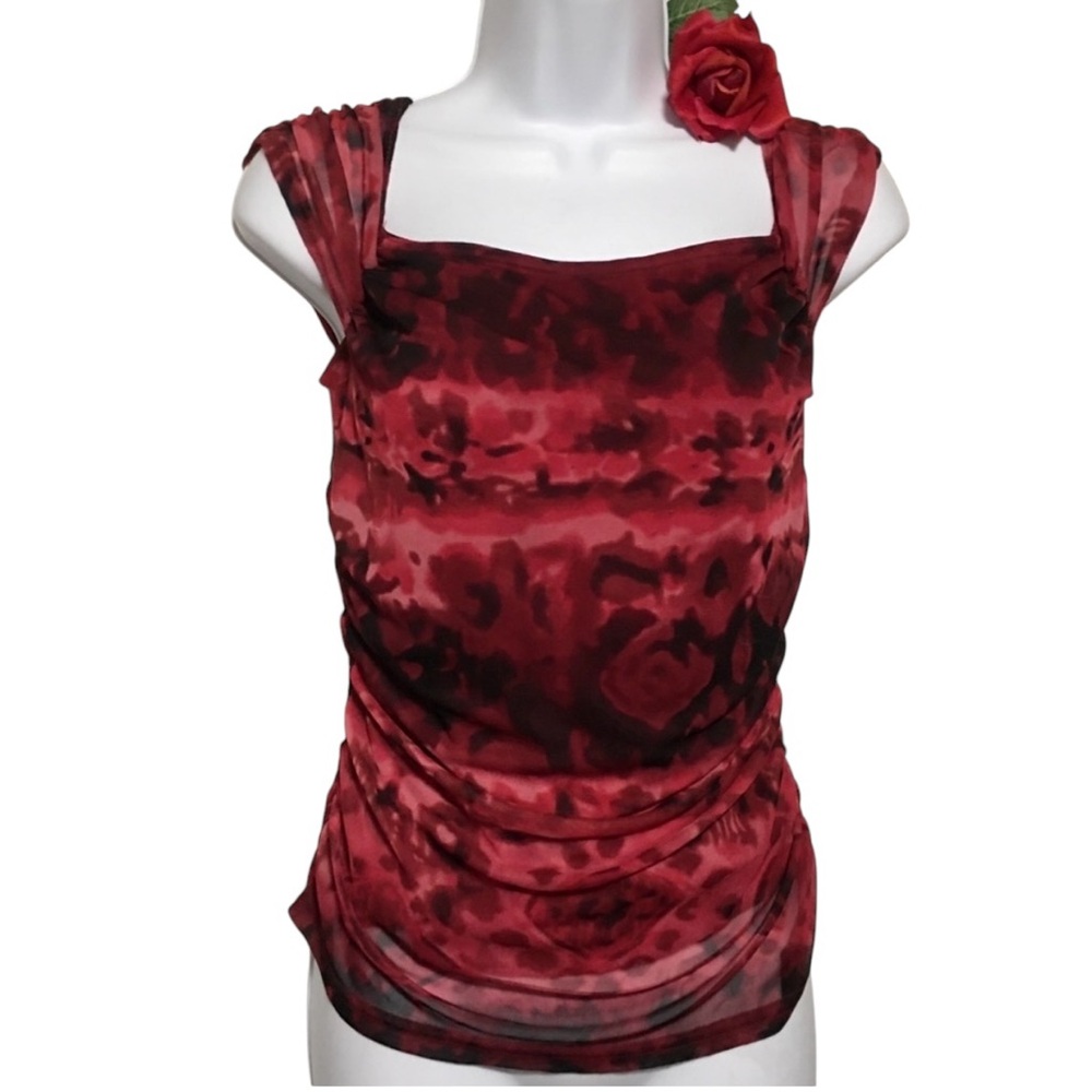 Drape neck top sleeveless mottled red & black LG lined academia fai…